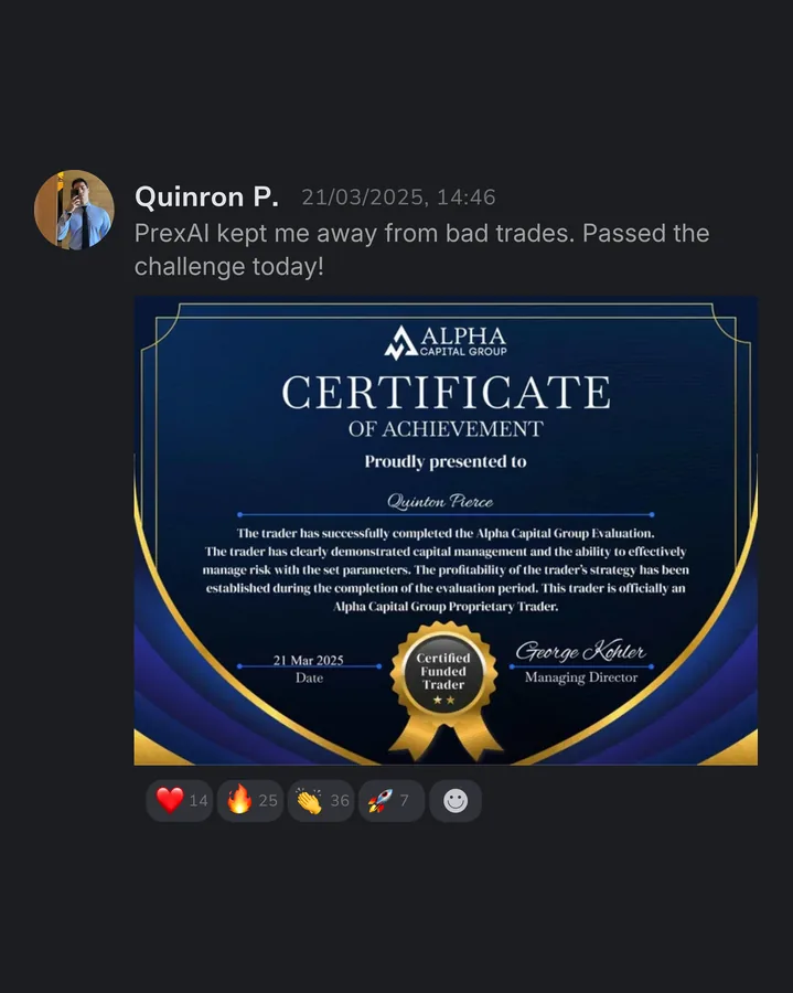 Trader certificate or payout confirmation from a prop firm