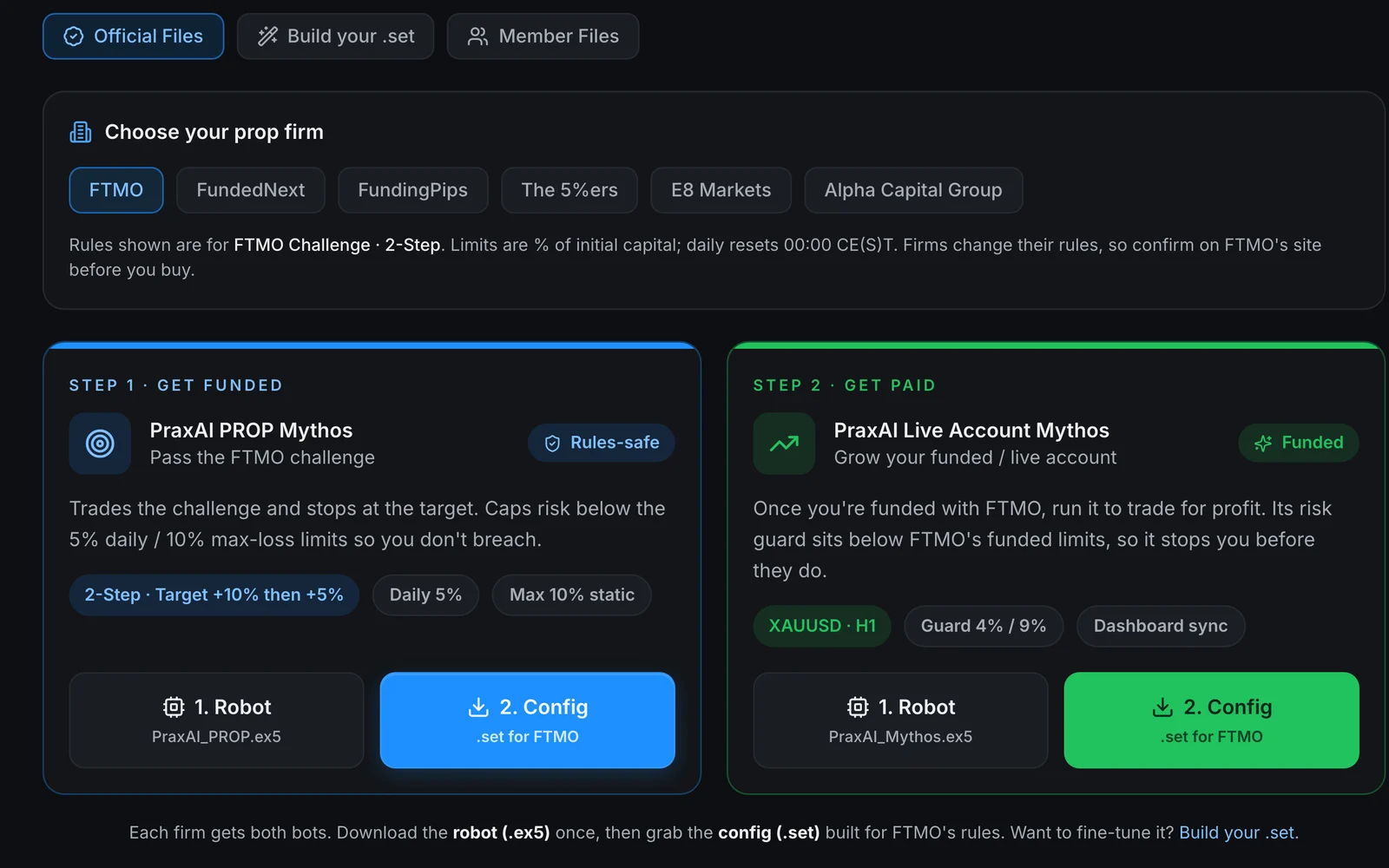 app.praxai.io: pick your prop firm and download the two ready-made AI engines with the setfile for its rules
